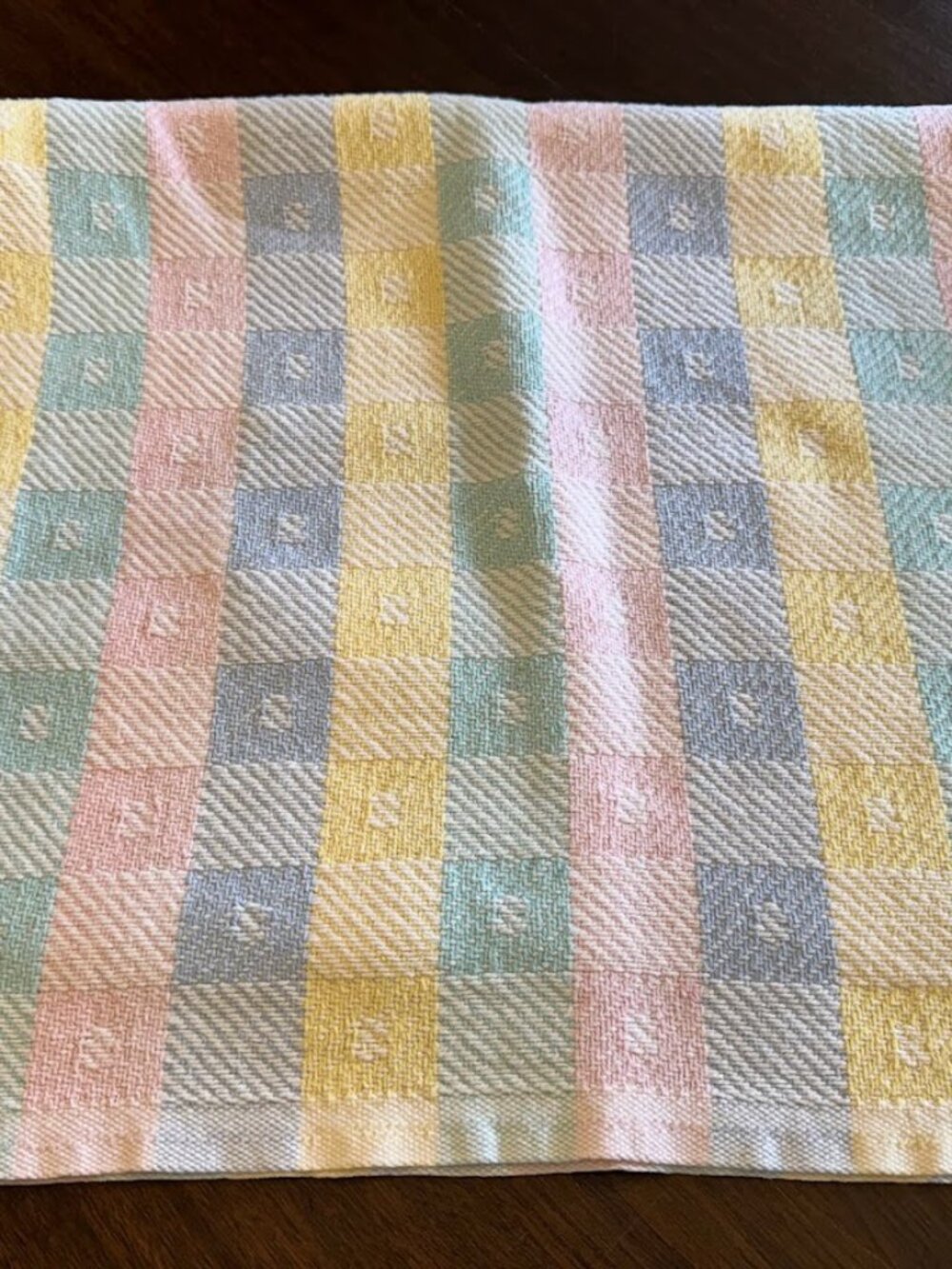 VTG Pastel Plaid Block Squares Cotton Woven Baby Blanket USA Blue Yellow Beacon